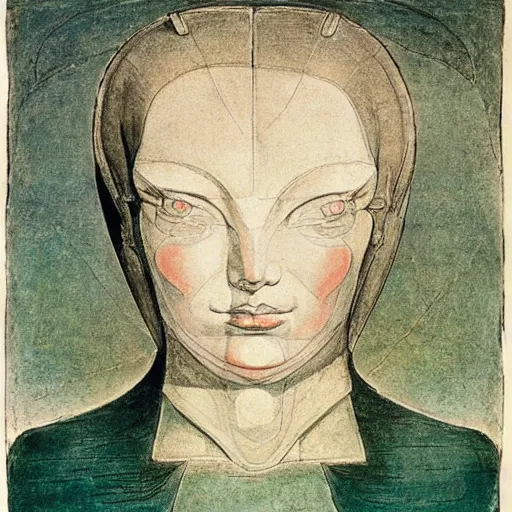 Image similar to a portrait of a female android by william blake