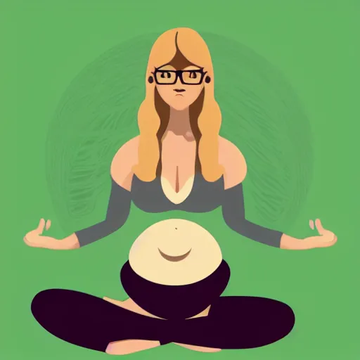 Prompt: pregnant woman, visible belly, glasses, curly blond hairs, yoga pose, symmetrical features, concept art