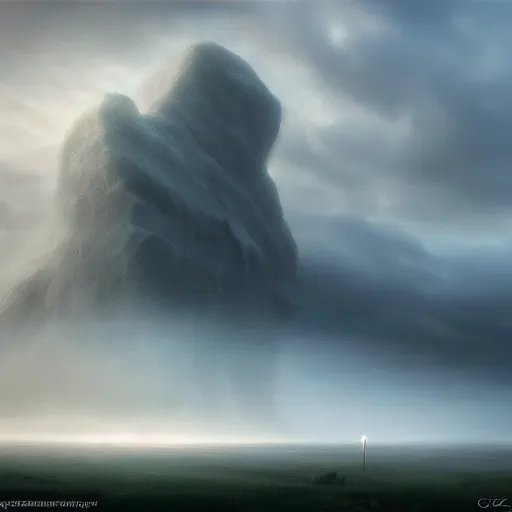 Image similar to colossus by grzegorz rutkowski, atmospheric haze, stormy, tundra, princess in foreground, large scale