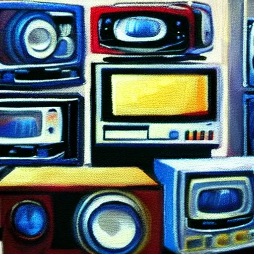 Prompt: array of crt televisions, tv static, antenna, stacked, polaroid, steroids, adult video store, impressionist painting, painting, oil painting, cell shaded, fuzzy