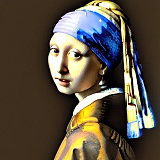 Image similar to the girl with the pearl earring with the face of mona lisa in the style of vermeer, desaturated, minimalistic, soft skin tones