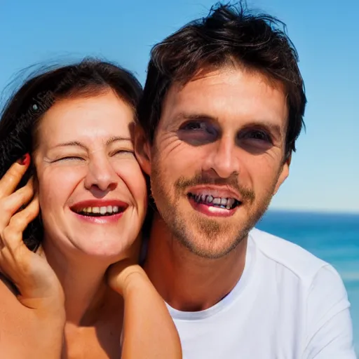 Prompt: couple man and woman, happy, on the beach, correct face, accurate face, sunburn, professional portrait, photo