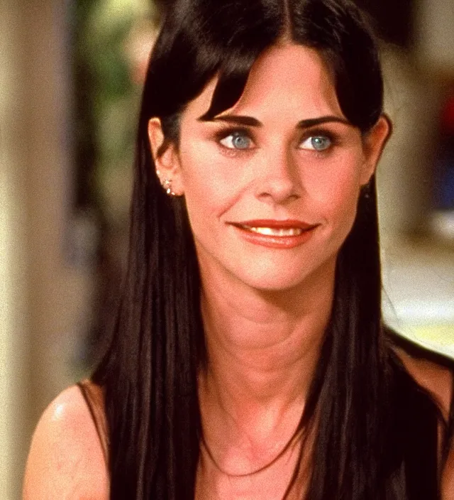 Image similar to young courtney cox as monica in friends, movie still frame, hd, cinematic lighting