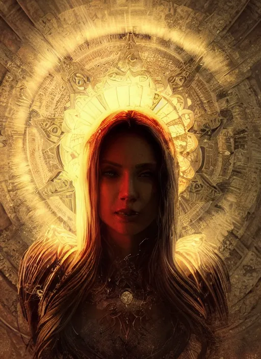 Image similar to portrait, queen of death, glowing halo, mandala, bokeh on background, dramatic lighting, cinematic, establishing shot, extremly high detail, foto realistic, cinematic lighting, post processed, concept art, artstation, matte painting, style by eddie mendoza, raphael lacoste, alex ross. 3d. octane render. by Tooth Wu and wlop and beeple and dan mumford