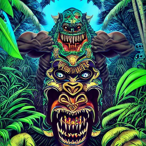 Image similar to barong family member at pool party, wiwek, mara demon, one single tribe member, jungle, one single mask, dark, ancient warrior, gorilla, lizard, tribal, inner glow, art by dan mumford and justin gerard