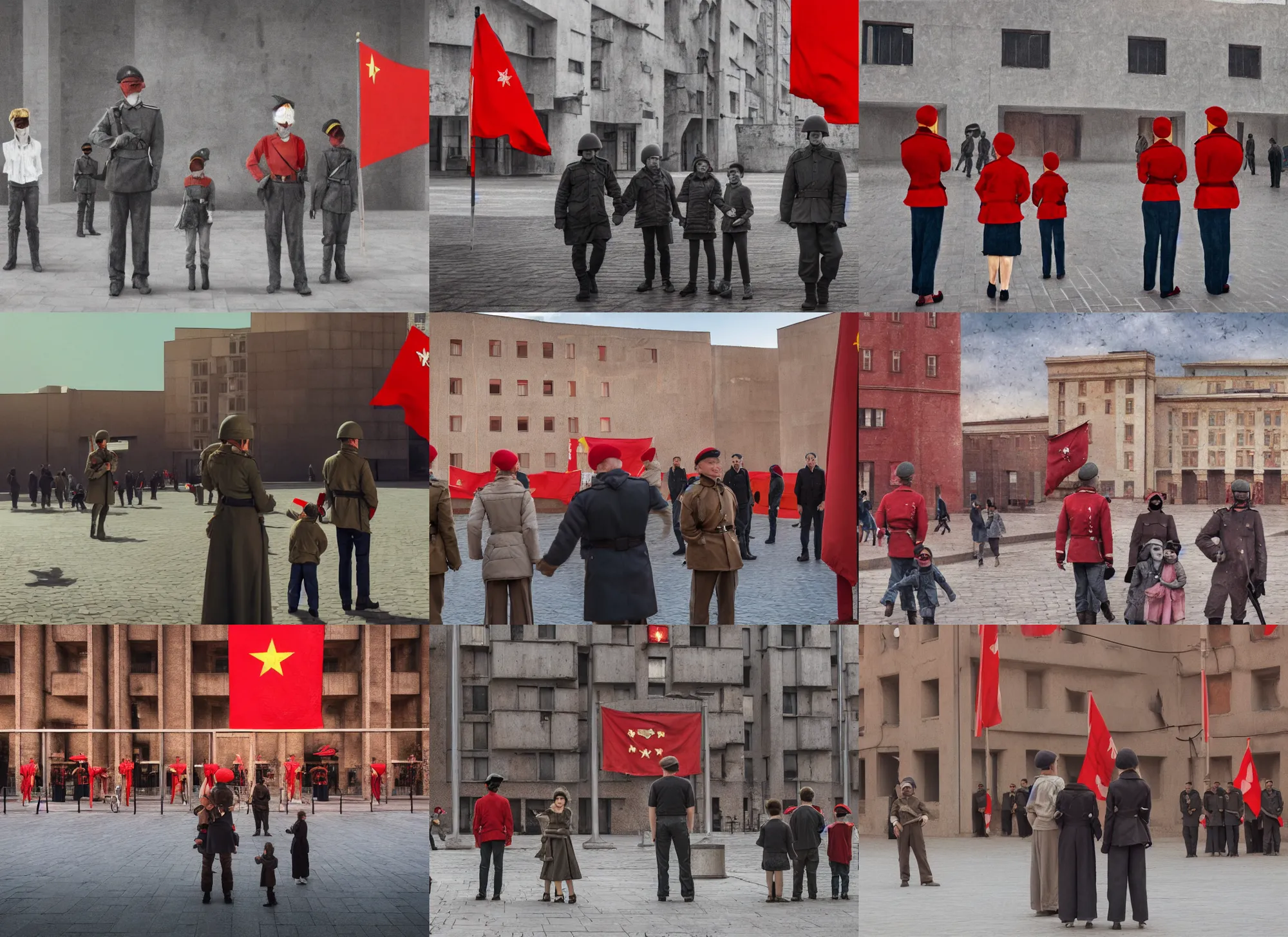 Prompt: cinematic artwork of a family standing blindfolded in a town square as soviet soldiers behind them watch on, red flags, brutalist buildings by greg rutowski, 4 k, masterpiece