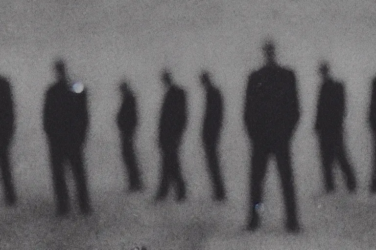 Image similar to 8 mm film still, blurry, grainy, liminal, unsettling, group of tall clone men in suits in a field at night, dark