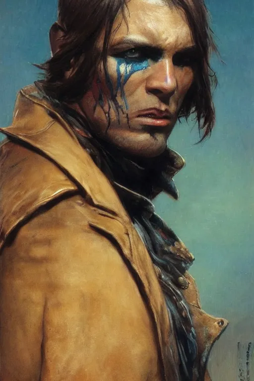 Image similar to a thirty - five year old contract killer named cobalt. he wears a brown leather jacket. he has a burn scar up the side of his face. art by gaston bussiere.