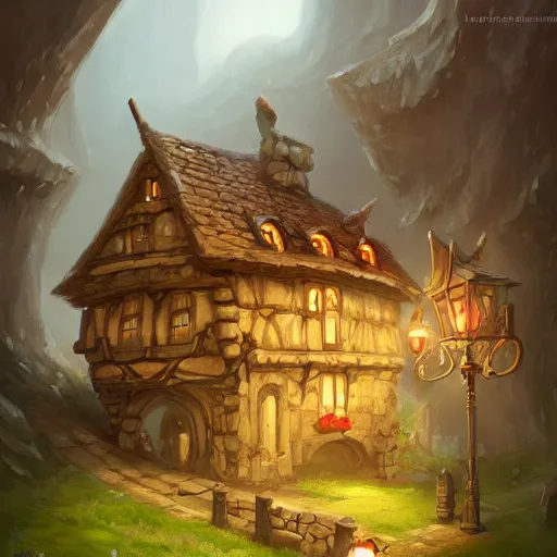 Prompt: a house made of swiss cheese, fantasy, digital art, by andreas rocha, highly detailed, trending on artstation