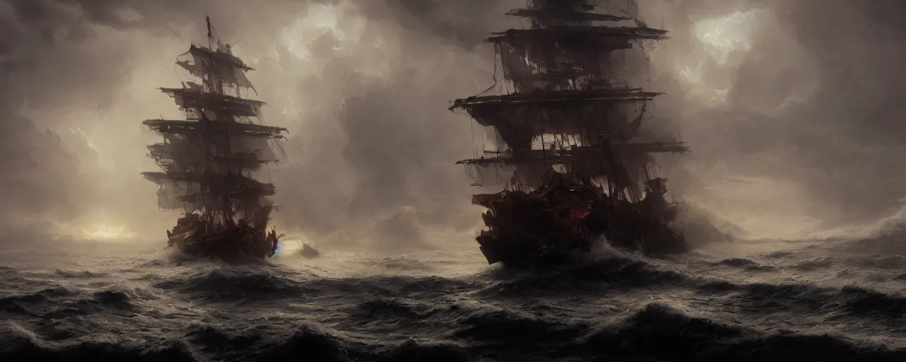 Prompt: fantasy ornate pirate warship on a stormy sea, fog, night, dramatic lighting, greg rutkowski, 4 k, artstation, matte painting, artstation