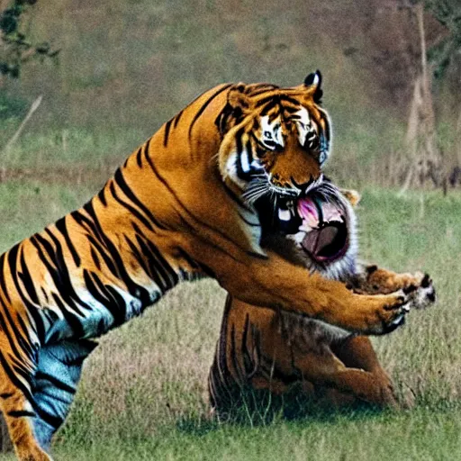 Image similar to a tiger fighting a lion
