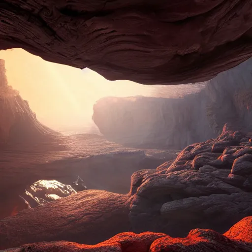 Image similar to a realistic detailed photo of canyon, alien rocks, red rain, water, alien landscape, foggy landscape, light particles, detailed light, epic, cinematic, realistic shaders, trending on realism, detailed textures, detailed, realistic.