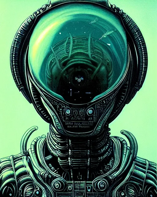 Image similar to alien, character portrait, portrait, close up, concept art, intricate details, highly detailed, vintage sci - fi poster, retro future, vintage sci - fi art, in the style of chris foss, rodger dean, moebius, michael whelan, and gustave dore