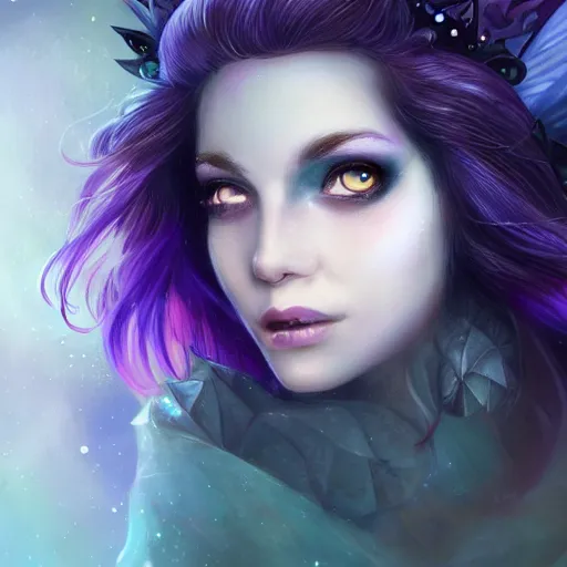 Image similar to detailed portrait of a dark fairy queen, crown, nebula wings, smiling, realism, pale blue, emerald, galaxy, sapphire,dark purple crown,leaves, moonlit, dark fantasy, dramatic lighting, cgsociety, artstation