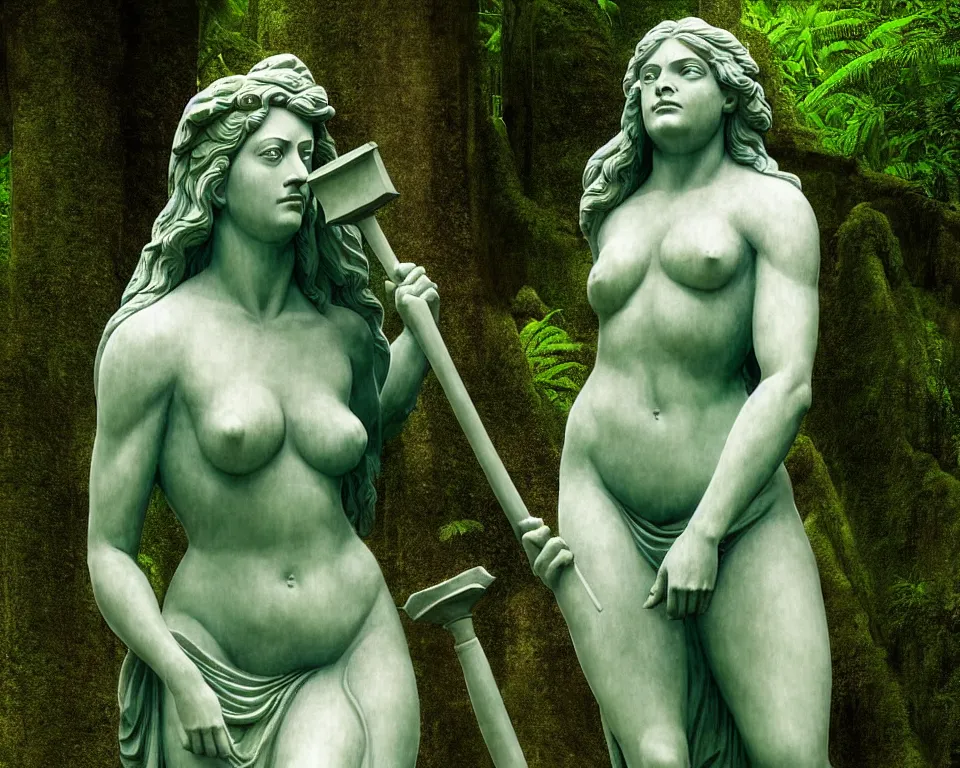 Prompt: achingly beautiful print of a lady justice sculpture outside a temple in the rainforest by raphael, hopper, and rene magritte. detailed, romantic, enchanting, trending on artstation.