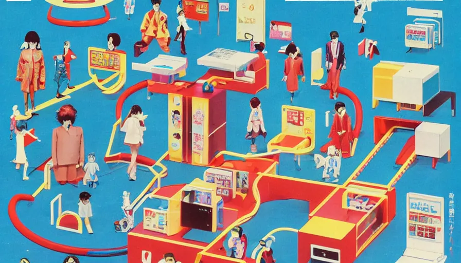 Image similar to 1980s Japanese culture magazine advertisement for a futuristic playground themed office, business people in mascot costumes, slides, mysterious toys, magical treasure, secret doors and windows, designed by Gucci, Wes Anderson, and Petra Collins, clean details