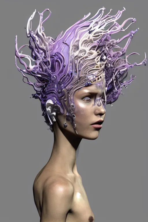 Prompt: epic 3 d abstract model, liquid headdress, 2 0 mm, with white and pastel purple peanut butter, melting smoothly into other faces, liquid, delicate, beautiful, intricate, houdini sidefx, trending on artstation, by jeremy mann and ilya kuvshinov, jamie hewlett and ayami kojima