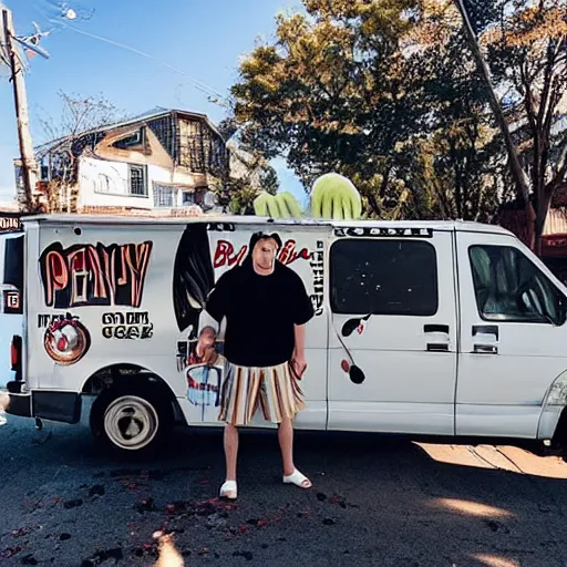 Prompt: Photo of Pennywise selling ice cream from a black Ice Cream truck