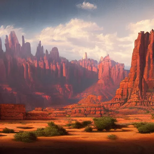 Image similar to a matte painting of the sci - fi wild west sedona, oil painting, pale colors, high detail, 8 k, wide angle, trending on artstation,