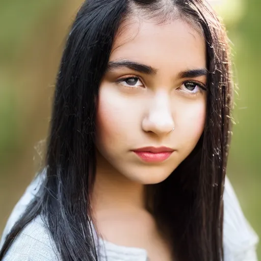 Prompt: young woman with long messy black hair, slightly smiling, 1 3 5 mm nikon portrait