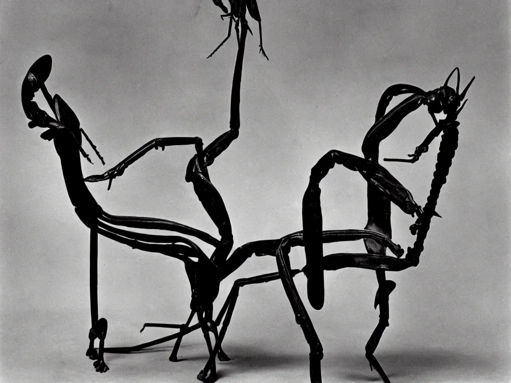 Prompt: gothic chair in the shape of a praying mantis. karl blossfeldt, salvador dali