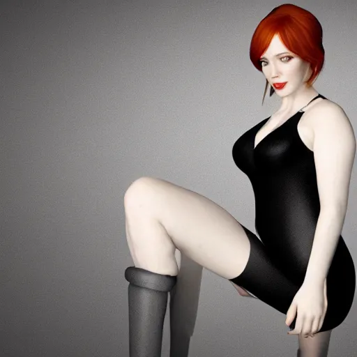 Image similar to 3 d render of christina hendricks in black swimsuit, smooth, intricate, octane, reflects, ultra detailed, sharp focus, symmetry