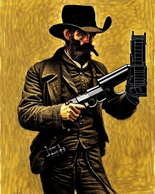 Image similar to an extremely detailed masterpiece portrait of a 1 8 9 0's gunslinger with colt 4 5 six - shooter, in the style of frank auerbach and charles marion russell, digital art