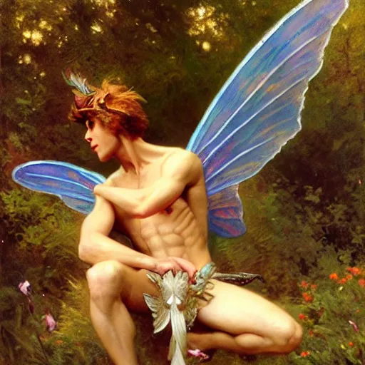 Image similar to attractive male fairy with wings in the forest, posing. highly detailed painting by gaston bussiere, craig mullins, j. c. leyendecker, 8 k