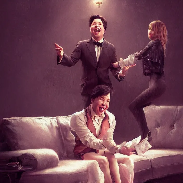 Image similar to portrait of michael mcintyre leaving on a sofa with a singing waitress, elegant, real life skin, intricate artwork, high detailed, artstation, concept art, smooth, sharpz focus, art by artgerm and greg rutkowski