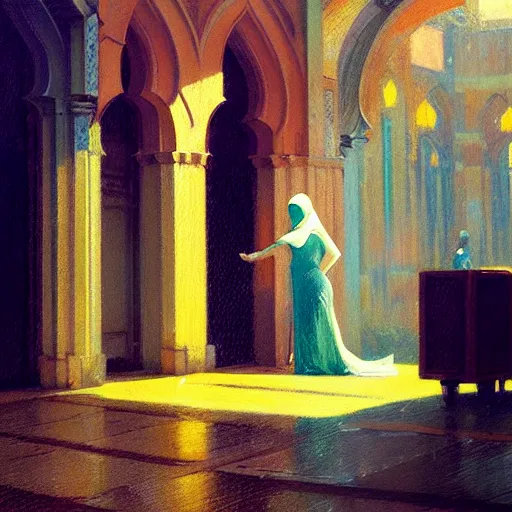 Image similar to action moment, detailed portrait of a woman, courtyard, capital, cyberpunk mosque interior, control panel, watcher, omniscient, tech noir, wet reflections, impressionism, atmospheric, ambient, speed painting, livia prima, edward hopper