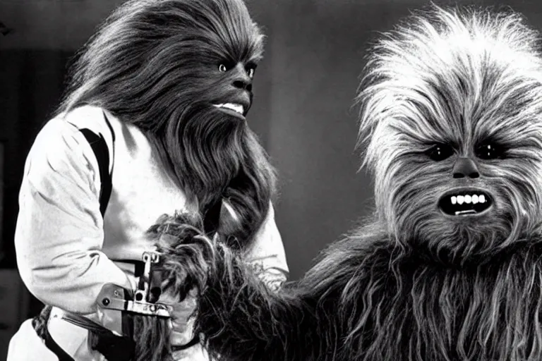 Prompt: A still from the black and white movie where Chewbacca starred alongside Charlie Chaplain