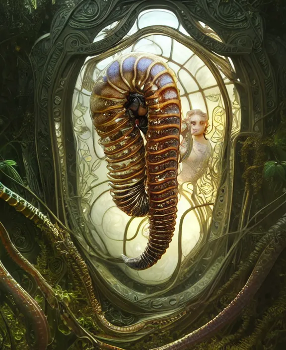 Image similar to intricate ornate opulent transparent clear see - through portrait of a horrific beautiful male human isopod nautilus snake, adorable, childlike, overgrown biopunk jungle environment, ultra realistic, concept art, art nouveau, photorealistic, octane render, 8 k, unreal engine. art by christopher marley and artgerm and greg rutkowski and alphonse mucha