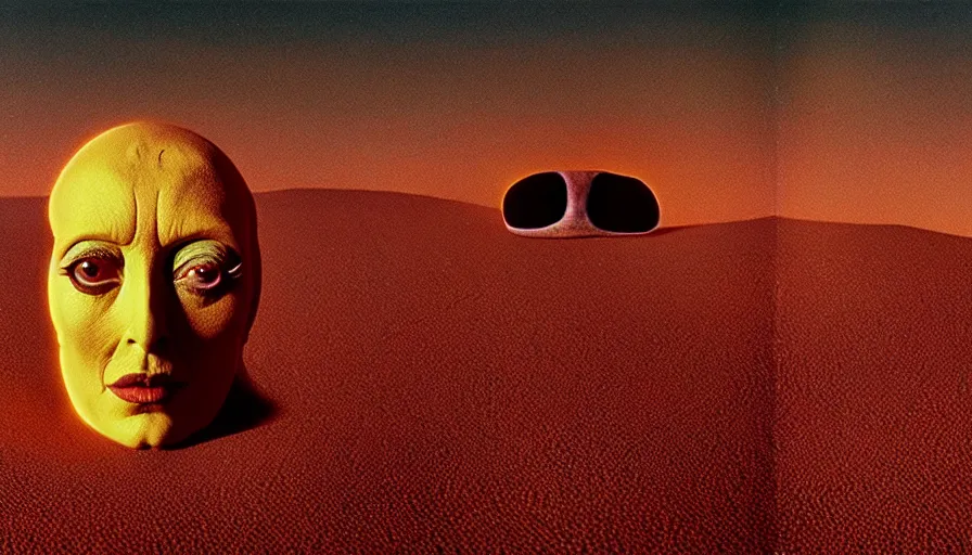 Image similar to glowing bene gesserit in full - face golden glowing mask meet salvador dali in a black rocky desert landscape with alienabandoned city beneath the sand and giant alien spaceship in the sky attacks the earth by christopher doyle and alejandro jodorowsky, anamorphic lens, kodakchrome, cinematic composition, very detailed photo, 8 k,