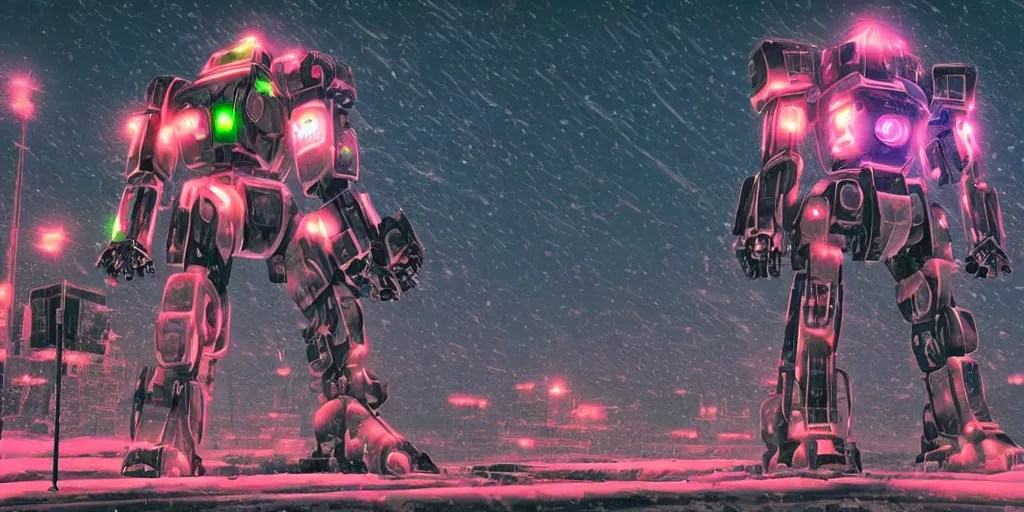 Image similar to a giant robot, megastructure, in a snowy land, photorealistic, neon light