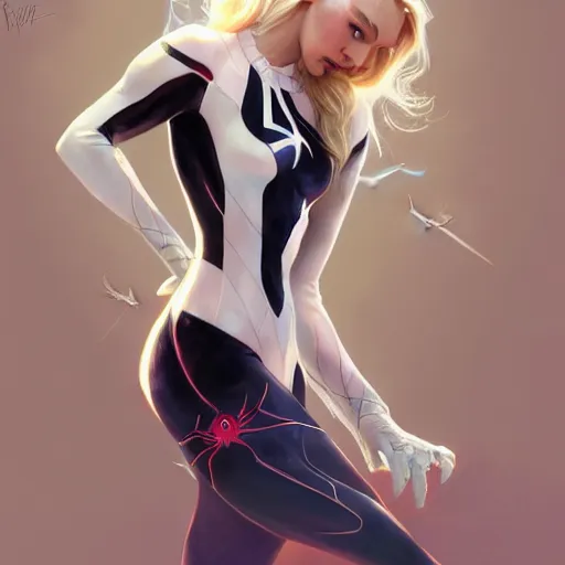 Image similar to Blonde Candice Swanepoel as Spider-Gwen, western, D&D, fantasy, intricate, elegant, highly detailed, digital painting, artstation, concept art, matte, sharp focus, illustration, art by Artgerm and Greg Rutkowski and Alphonse Mucha