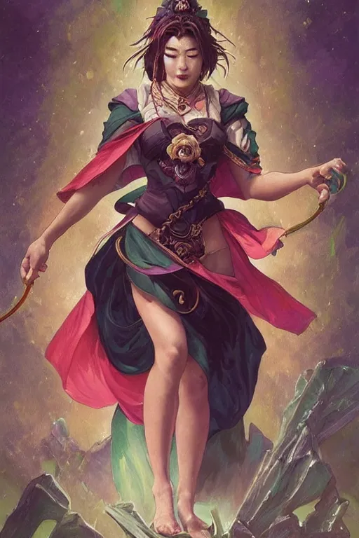 Image similar to Death tarot card design portraying Sailor Jupiter in ancient Java style, D&D, MtG art,fantasy, intricate, elegant, highly detailed, digital painting, artstation, concept art, smooth, sharp focus, hyperrealistic,illustration, art by artgerm and greg rutkowski and alphonse mucha