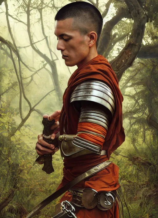 Image similar to a portrait painting of a male monk fighter wearing leather armor on a beautiful lush forest meadow, morning, art by Tristan Eaton, Stanley Artgerm, Tom Bagshaw, Greg Rutkowski, Carne Griffiths