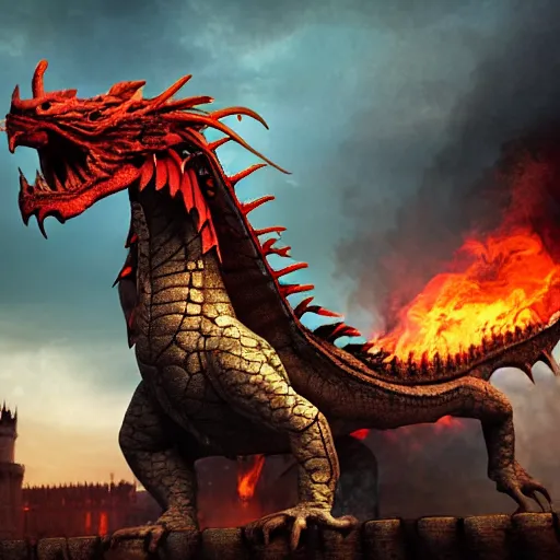 Image similar to a mad dragon guarding a british medieval castle, fire is rising around the castle