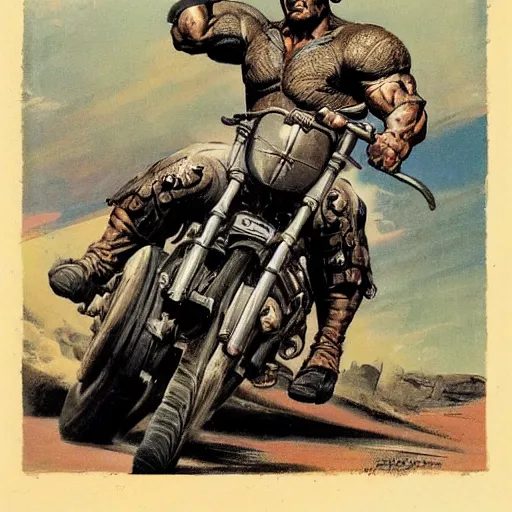 Image similar to into glory ride, artwork by Frank Frazetta, motorcycle, muscular man riding into battle holding sword