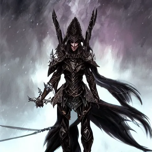 Prompt: dark elf with long black hair wearing intricate armor, digital art, artstation, smooth, sharp focus, highly detailed