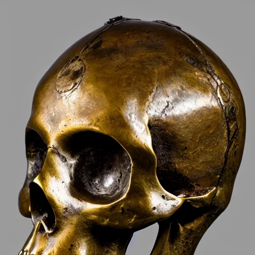 Prompt: detailed photo of an old bronze patina statue of a skull with a samurai hat, intricate detail, museum lighting