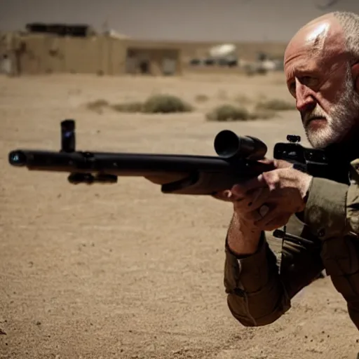 Prompt: Film still of Mike Ehrmantraut in American Sniper aiming with a sniper rifle, 4k, highly detailed