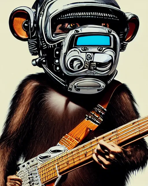 Image similar to a portrait of an anthropomorphic cyberpunk monkey in a leather helmet shredding an electric guitar by sandra chevrier, by jon foster, detailed render, tape deck, epic composition, cybernetics, 4 k realistic, cryengine, realistic shaded lighting, sharp focus, masterpiece, by enki bilal