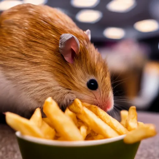 Image similar to detailed photo of a hamster eating fries, fancy restaurant, various poses, full body, unedited, daylight, dof 8 k