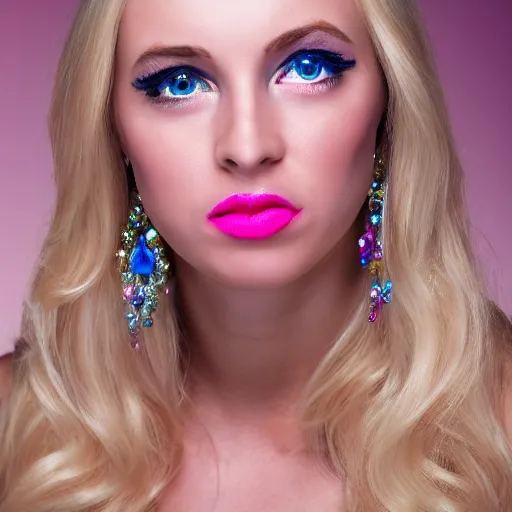 Image similar to close up headshot of a princess with long blonde hair and light blue eyes wearing a strapless elaborately beaded pink dress, high resolution film still, 8k, HDR color, film by Simon Langton and David Frankel, triangular face, round narrow chin, straight jawline, light pink lipstick