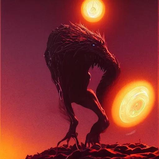 Image similar to creature made of whirlwind with bright glowing eyes, fluid, smooth, crazy, high contrast, sharpness, dramatic, by greg rutkowski and siudmak and richard corben and moebius