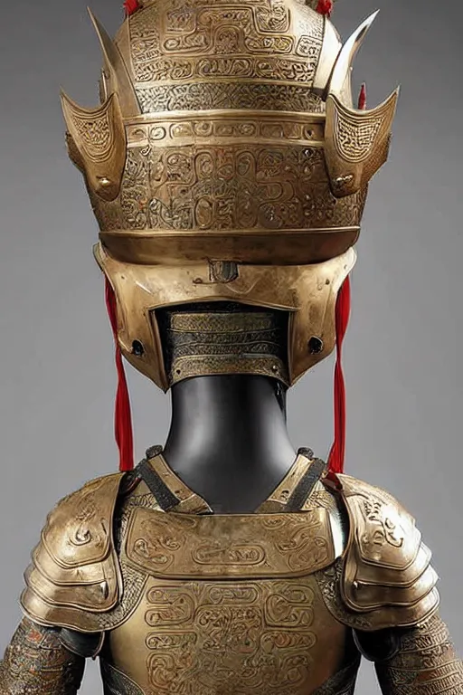 Prompt: a set of battle armor and helmet in tang dynasty of china, ancient, fine pattern carving, by bouguereau