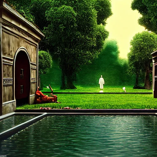 Image similar to hyperrealism photography computer simulation visualisation of parallel dark universe detailed old bath in the detailed ukrainian village garden in dramatic scene from movie the big lebowski ( 1 9 9 8 ) by taras shevchenko and alejandro jodorowsky and andrei tarkovsky