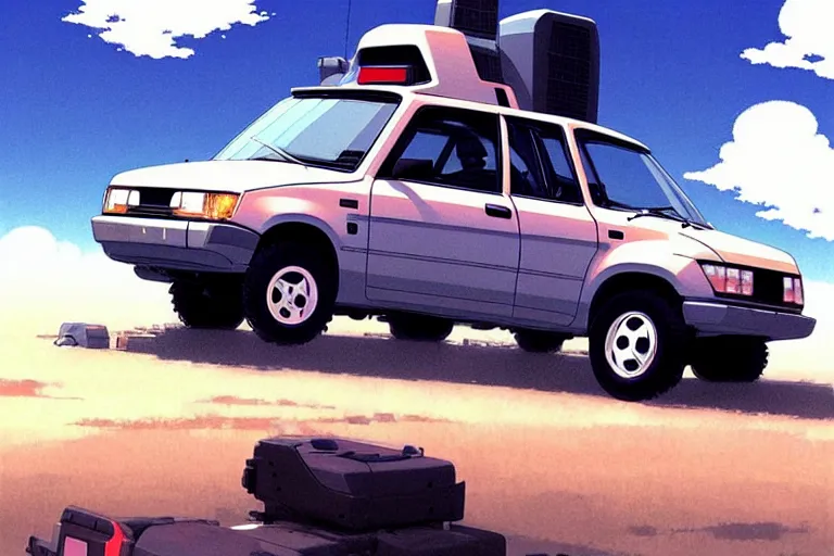 Image similar to honda e kei truck with tank treads, painted by greg rutkowski makoto shinkai takashi takeuchi studio ghibli, akihiko yoshida 2 0 0 1 space odyssey