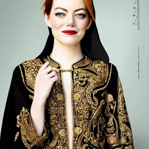 Image similar to A portrait of Emma Stone wearing a Black Arabian abaya , high quality, fully detailed, 4k